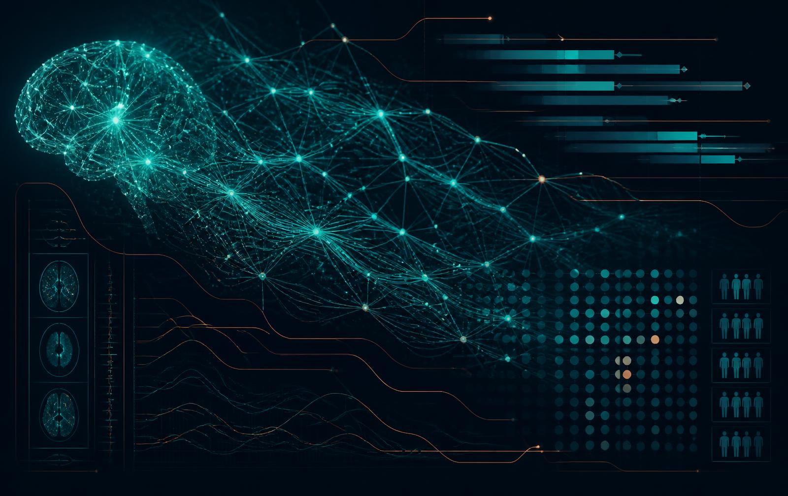 Abstract visualization of a neural network interlaced with clinical trial timelines