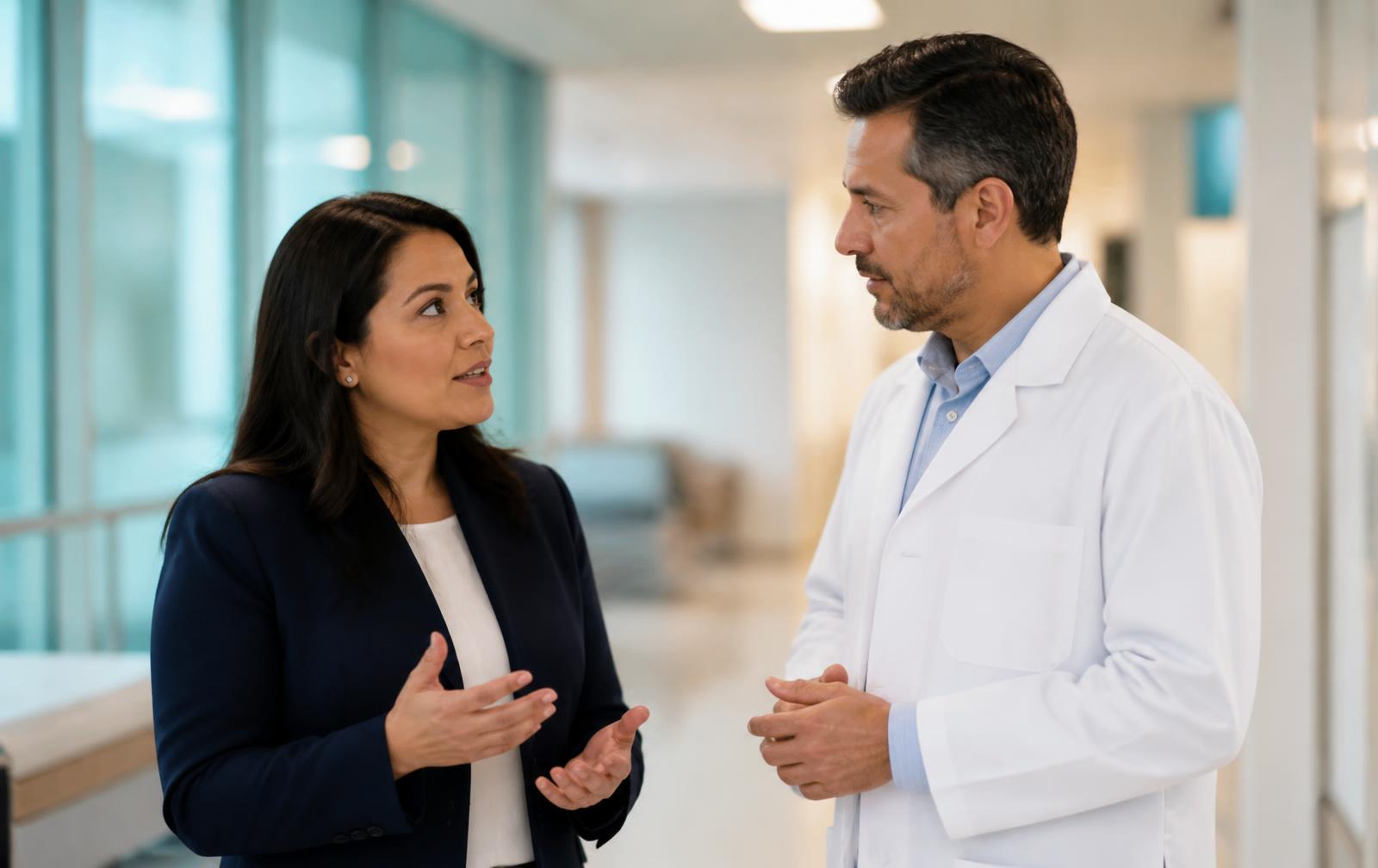 Research coordinator meeting with a physician in a modern outpatient clinic