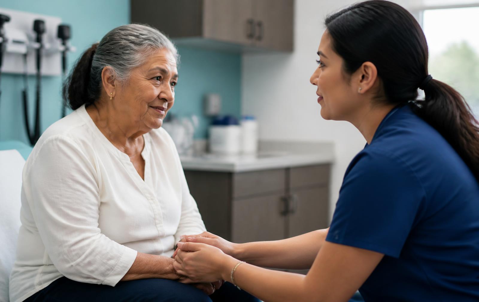 Research nurse speaking with an older study participant in an exam room