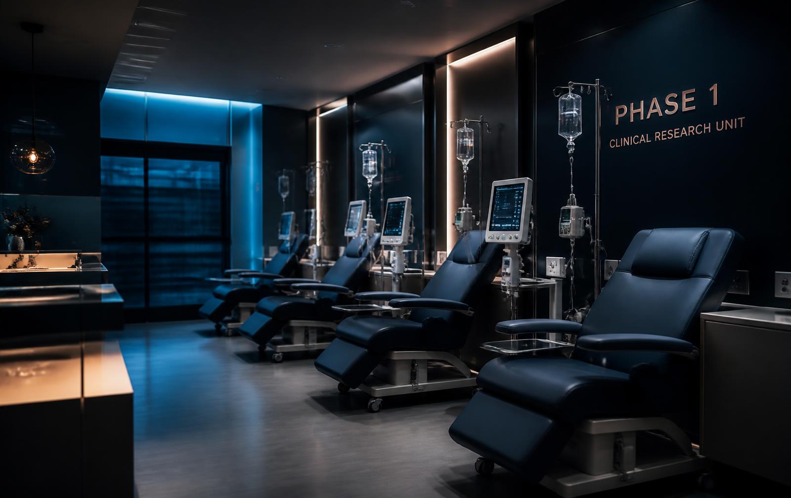 Phase 1 clinical research unit with monitored infusion stations